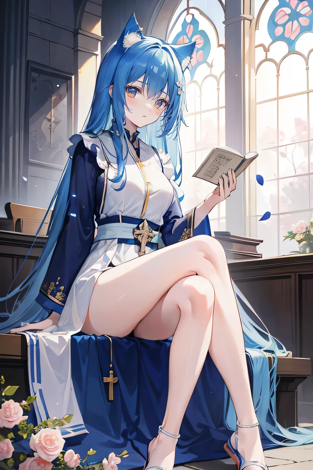 (masterpiece:1.2),Extremely detailed,Practical,expressive eyes,Fair skin,Perfect face shaping,1 Girl,
Japanese cartoons,Gorgeous blue hair, the long flowing blue hair,Floating clothes,Cat ears,Petals fall,beautiful lola,Young Angel,
Place your hands on your waist,sit elegantly on the ground,Cross your legs,Gentle and peaceful background,church,Nun's Clothes,back view,lie on the water.