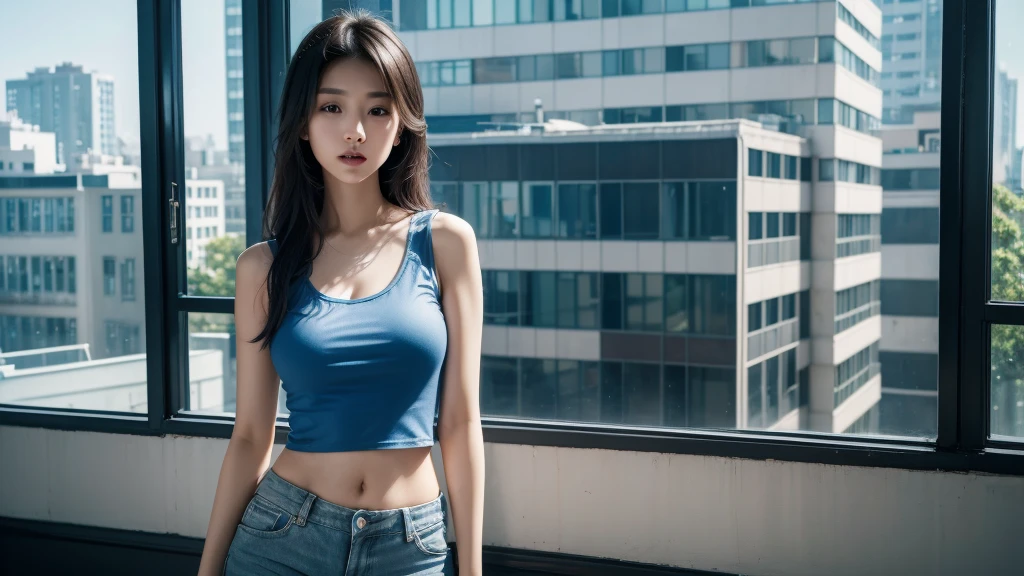 (Wallpaper 8k), Close-up of Asian woman standing in front of window, (tall building scenery), cute girl, Slim figure, (thin), white skin, High surface detail, (blue tank top : 1.1), Crop shirt, navel, shorts