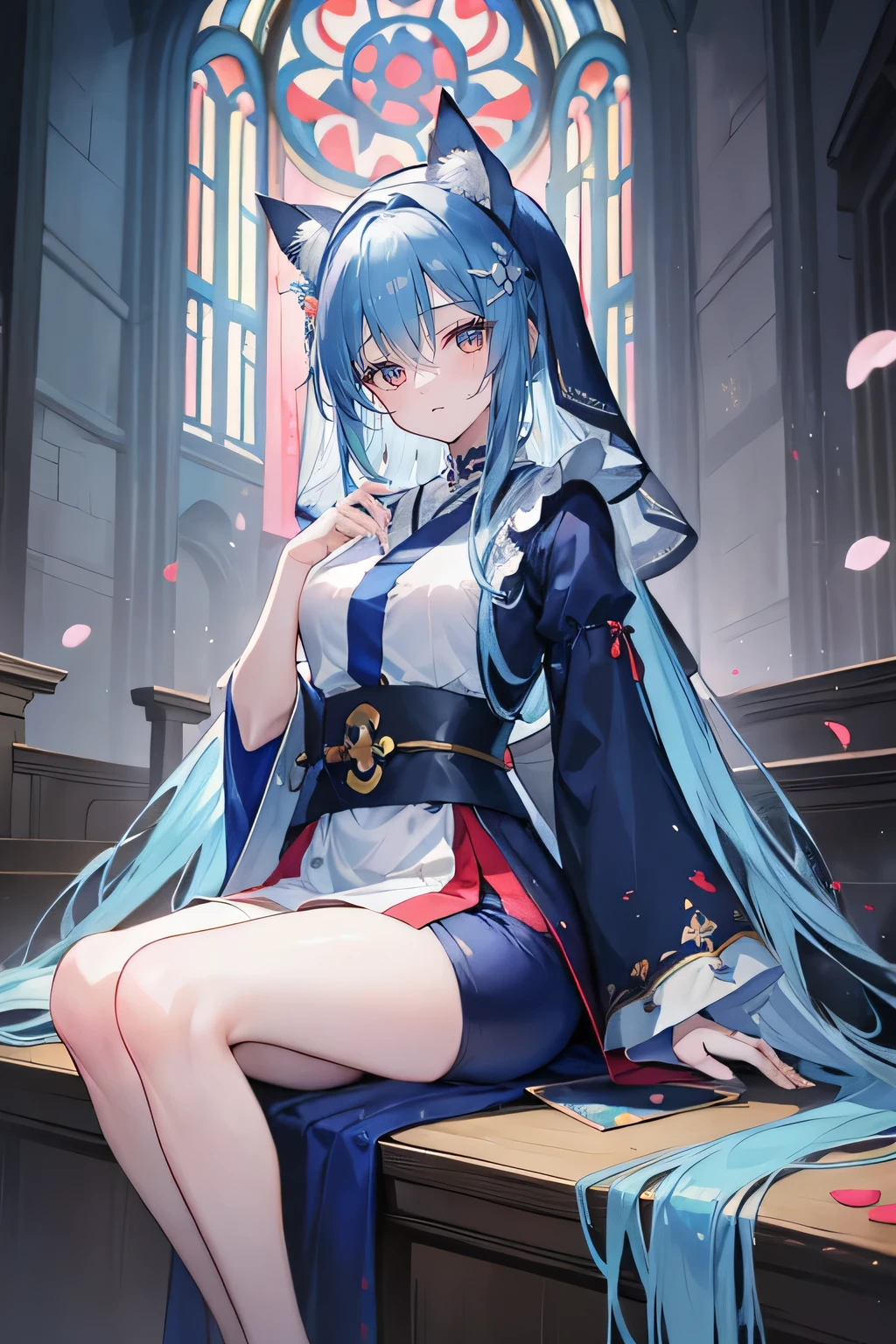 (masterpiece:1.2),Extremely detailed,Practical,expressive eyes,Fair skin,Perfect face shaping,1 Girl,
Japanese cartoons,Gorgeous blue hair, the long flowing blue hair,Floating clothes,Cat ears,Petals fall,beautiful lola,Young Angel,
Place your hands on your waist,sit elegantly on the ground,Cross your legs,Gentle and peaceful background,church,Nun's Clothes,back view,lie on the water.
