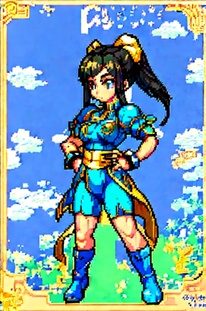 Por favor, crea una imagen de Chun-Li, an iconic character from the Street Fighter video game series, en estilo pixel art. The image must capture its essence and distinctive characteristics: dynamic pose: Chun-Li must be in a dynamic combat pose that highlights her agility and strength. Puedes optar por su famosa patada alta o una postura de combate. Ropa Tradicional: She must wear her signature outfit, including a blue qipao with gold details and white belt. Be sure to include her spiked bracelets and tall boots. Detalles Faciales: Intenta capturar su rostro con la mayor cantidad de detalles posible en el estilo pixel art, including her unique hairstyle with bows and ribbons. Colores Vibrantes: Utiliza una paleta de colores vibrantes para que la imagen se vea llamativa y fiel al personaje del juego.
