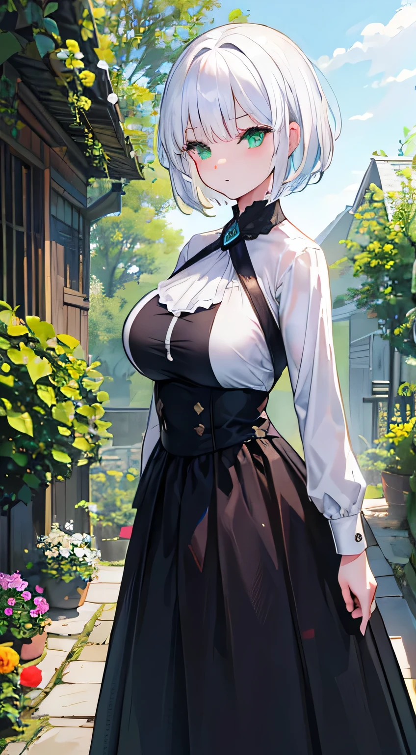 Stable diffusion prompt:
"(best quality, 4k, Extremely detailed, Reality:1.2), White hair girl, Bangs, short hair, a round face, Wearing a black headband, (Green Eyes), Standing in the garden. movie lighting, High resolution, 16K, 8K, Skin texture,Sexy,Extra large breasts
