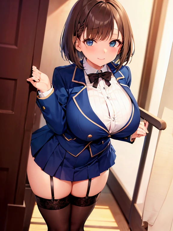 high quality，masterpiece。Cute brown hair woman，high school girl，Hairstyle: Short hair，Bobcut。She stands upright with her face and body facing the viewer，True Identity。Her hands are empty，The hands are not posed。She seems tall。Her  are very large，Good style。She is smiling with her pretty face，Both eyes are green。Clothes: dark blue ，Navy Blue Blazer，Navy Blue Skirt。Black stockings on both legs。She is standing，Location i&#39;mStanding in the classroom。