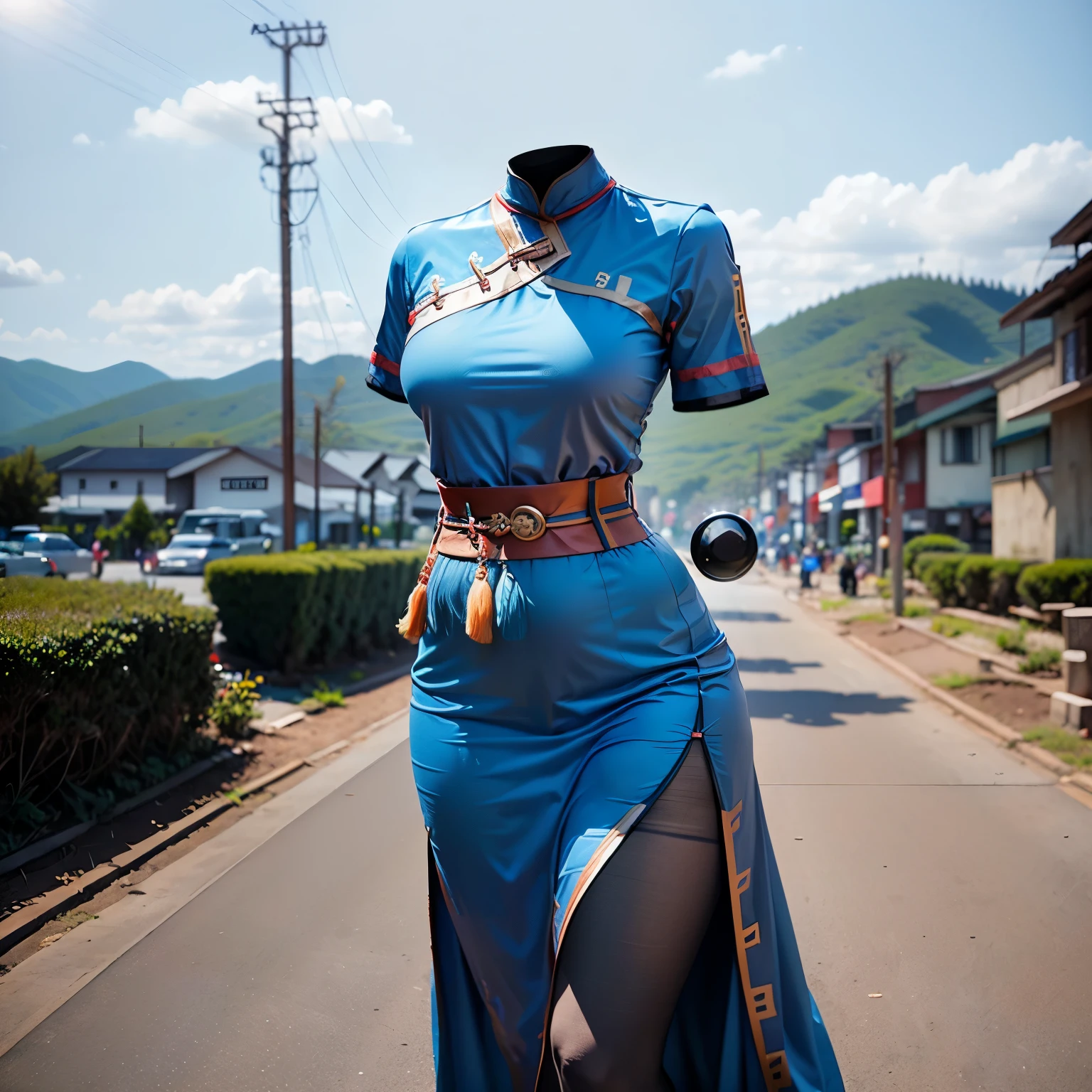 in Mongolia, Lyn, blue dress, short sleeves, sash, side slit, cute big breasts, (invisible, no human, headless, handless:1.5), (8k, RAW photo, best quality, masterpiece:1.2), (realistic, photo-realistic:1.37), photon mapping, radiosity, ((Hasselblad photography)), physically-based rendering