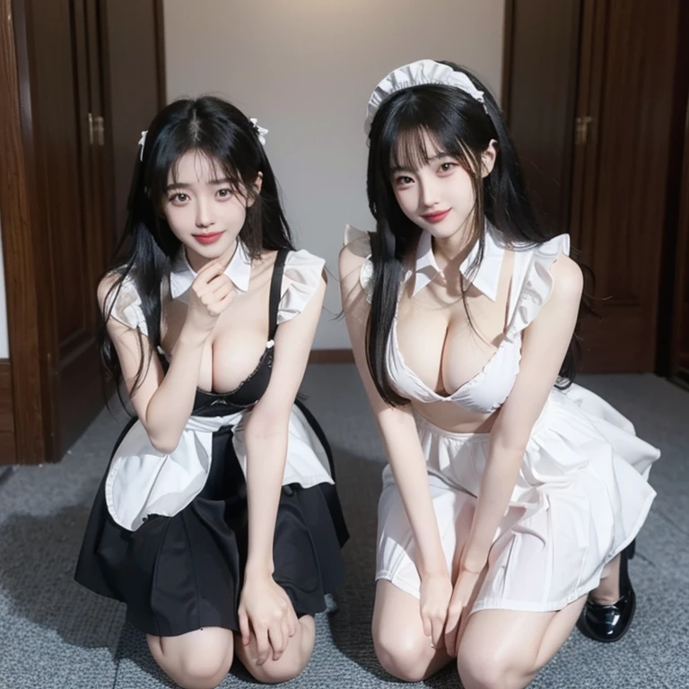 VIP room，Maid kneels down，The two girls smiled happily, Less clothes，Expose maid attire，Put your hands behind your back，Loafers，Lots of maids，Huge breasts，Thin waist，loyal maid，Obey everything,Very obedient，付出型性格和Likeable的个性，Obedient personality、Likeable，Absolute obedience，Absolute obedience，Willing to give everything，Waiting for command