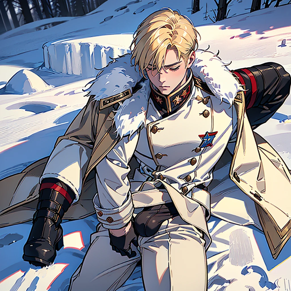 ((A young adult blond russian male soldier laying in a snow wearing russian winter soldier coat uniform and taking slow breaths as he strokes his cock through his pants)), NSFW, erection, ((male masturbation)), sensual, ((in a snowy environment setting)), mosninga