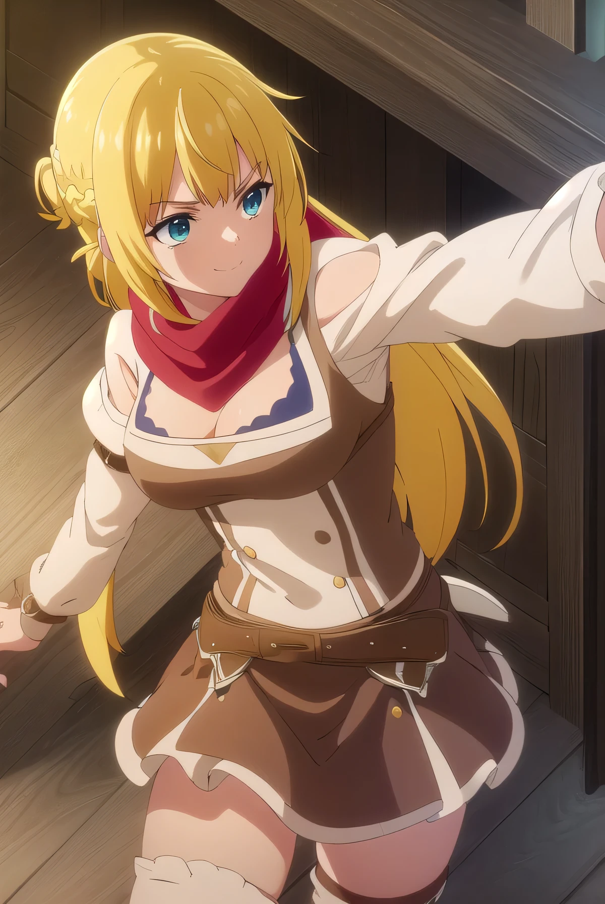 Banished, rit, Long Hair, Blonde Hair, Aqua Eye, rit, Braiding, Hair Bun, french Braiding, smile,
break skirt, Knee socks, Long sleeve, Cleavage, boots, brown Knee socks, Long sleeve, underwear, belt, scarf, Clothing cutouts, Cleavage cutout, red scarf,
break outdoors,
break looking at viewer, (Cowboy Shot:1.5),
break (masterpiece:1.2), highest quality, High resolution, unity 8k wallpaper, (figure:0.8), (Beautiful fine details:1.6), Highly detailed face, Perfect lighting, Highly detailed CG, (Perfect hands, Perfect Anatomy),