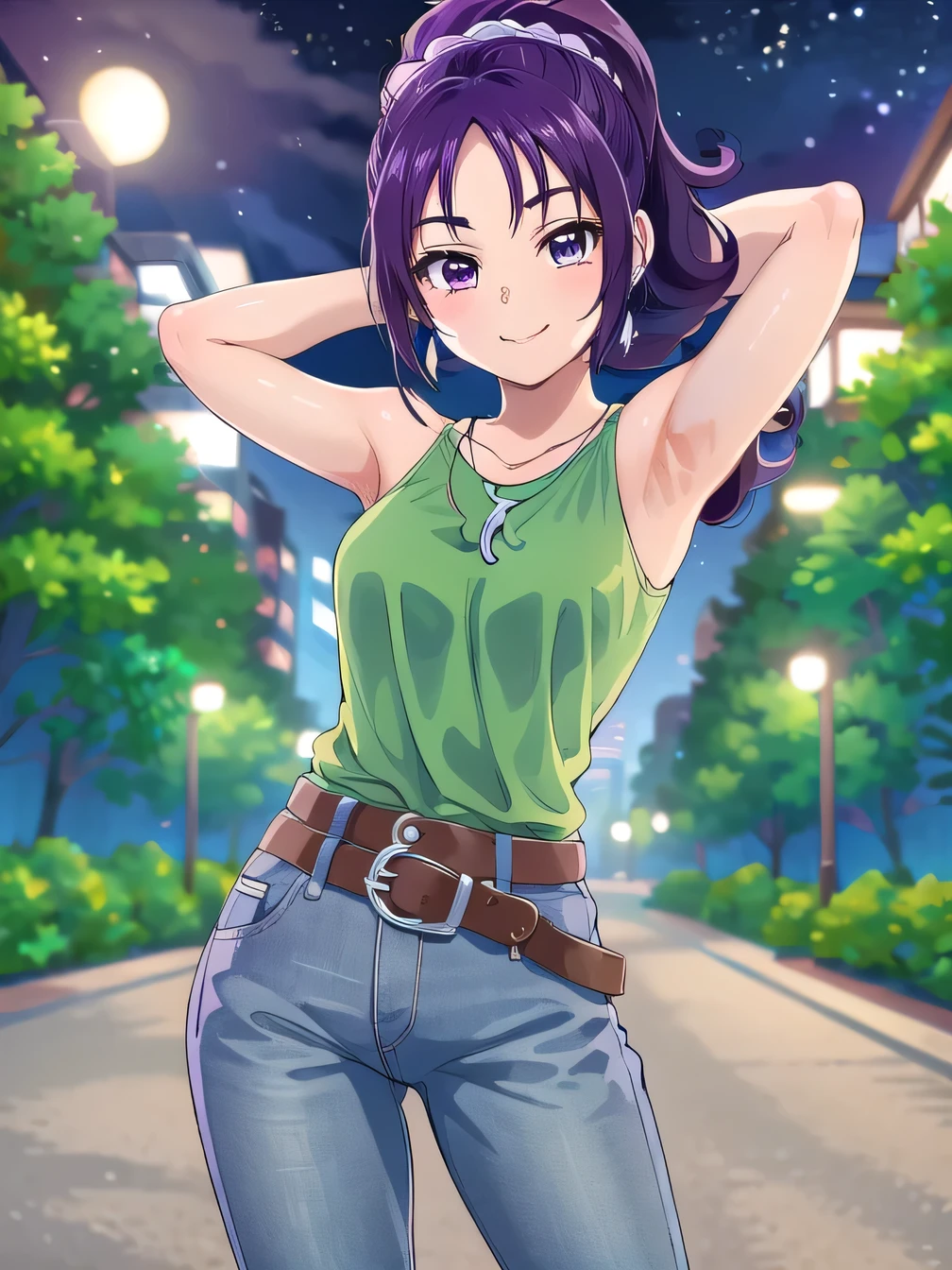 green shirt, earrings, necklace, white scrunchie, high ponytail, belt, jeans, brown sneakers, purple socks, mishoumai, 1girl, solo, looking at viewer, solo, night sky, forest, arms behind head, contrapposto, spread armpits, closed mouth, smile, (cowboy shot:1.5), looking at viewer,