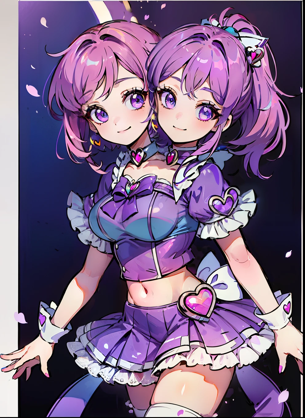 best quality, (masterpiece),(ultra-detailed), (high quality), (high resolution), (2heads:1.5) 1girl, (pink hair), (blue hair), ((different hair colors), purple eyes, hair ornaments, magenta armor chest piece, same hair color, age girl, ((violet magical girl)), magical girl, gentle smile, high school background, ((high ponytail)), white collar, midriff revealing top, ((high school background:1.5))
