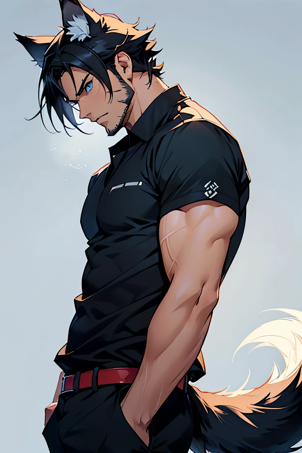 half body,Anime character with black hair and shirt standing, Wolf ears，Wolf Tail，demihuman,demiwolf,kemonomimi,light stubble, Anime handsome man, Anime portrait of a handsome man,mature,blue eyes,tired,short hair,bara,bored expression,expressionless