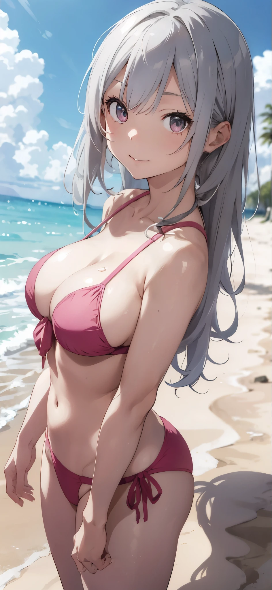 Silver-haired girl drawn in high resolution Japanese anime style、whole body、Women in pink bikinis taking photos on a deserted beach, Bikini Model, , A young and cute gravure idol, Posing together in bras, Russian and Japanese mix, sakimichan, Asian woman, Wear a swimsuit, that'that'that'that'that'that'that'that'that'It's hot with the shining sun, Japanese Model, Cute Core, sakimichan hdri, Young Gravure Idol, Chubby
