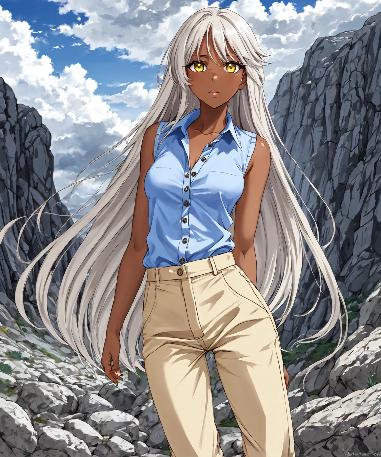 Brown skin beautiful sexy anime girl with long silver hair & yellow eyes, wearing blue sleeveless button up collared shirt & beige khaki pants, lost in a rocky landscape with cloudy skies, 1girl