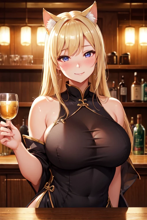 (high quality, High resolution, Fine details), medieval bar, China dress, alone, Curvaceous mature woman, Blonde, Sparkling eyes, (Fine grain:1.2), Cat ear, smile, blush, Sweat, Oily skin, Soft tones, Shallow depth of field