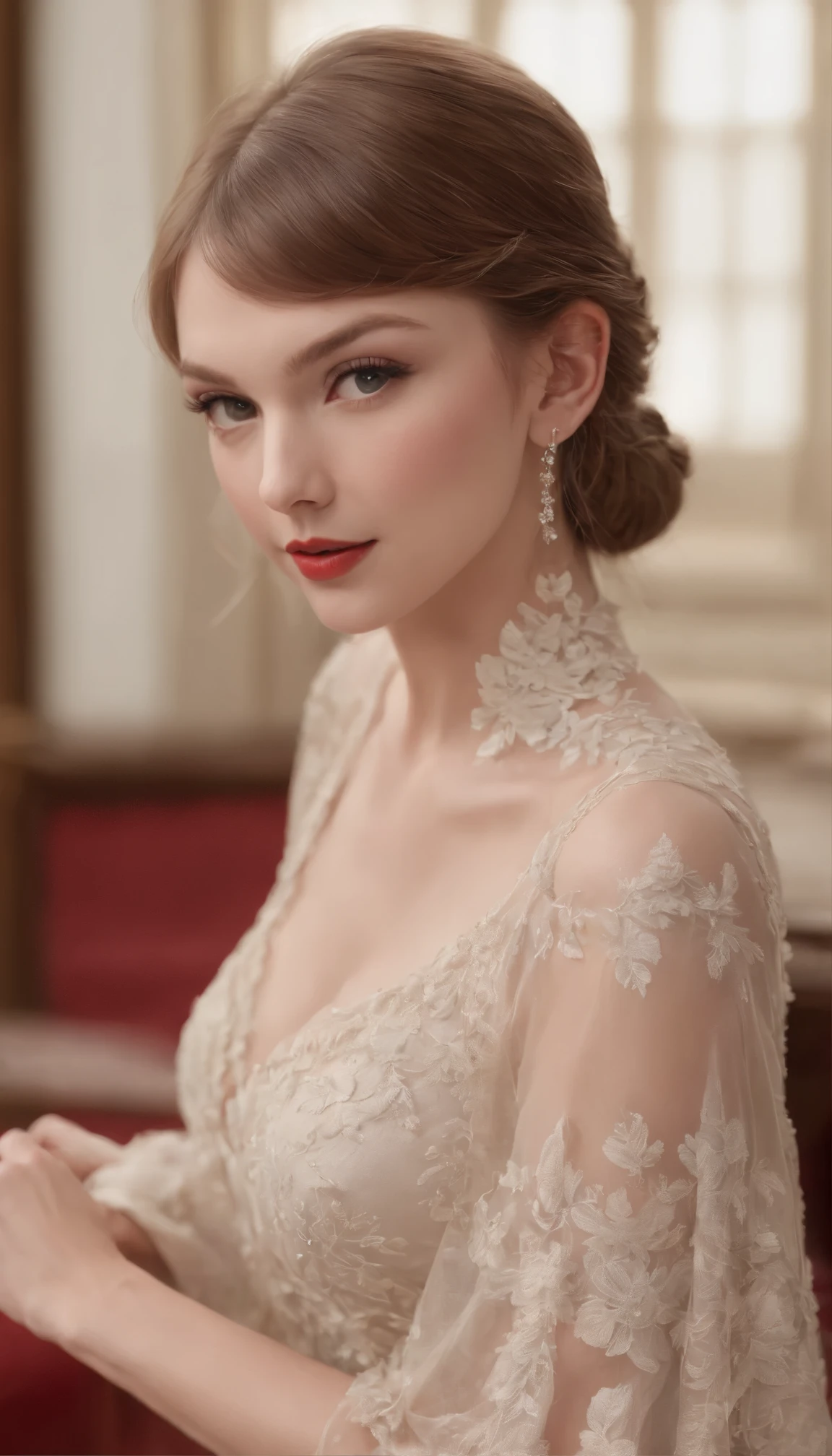(masterpiece:1.2)、(highest quality:1.2)、(Ultra HDTV:1.2)、Cinematography Light、Taylor Swift in high definition,8K resolution、Detailed facial features、Highly detailed face and skin texture、Realistic and intricate skin details、Expressive eyes、Perfectly shaped eyebrows、Eyeliner to accentuate the eyes、Rosy Cheeks、Glossy Lips、(smile:1.4)、(View the viewer:1.2)、A red dress decorated with delicate embroidery、A capelet that complements the dress、