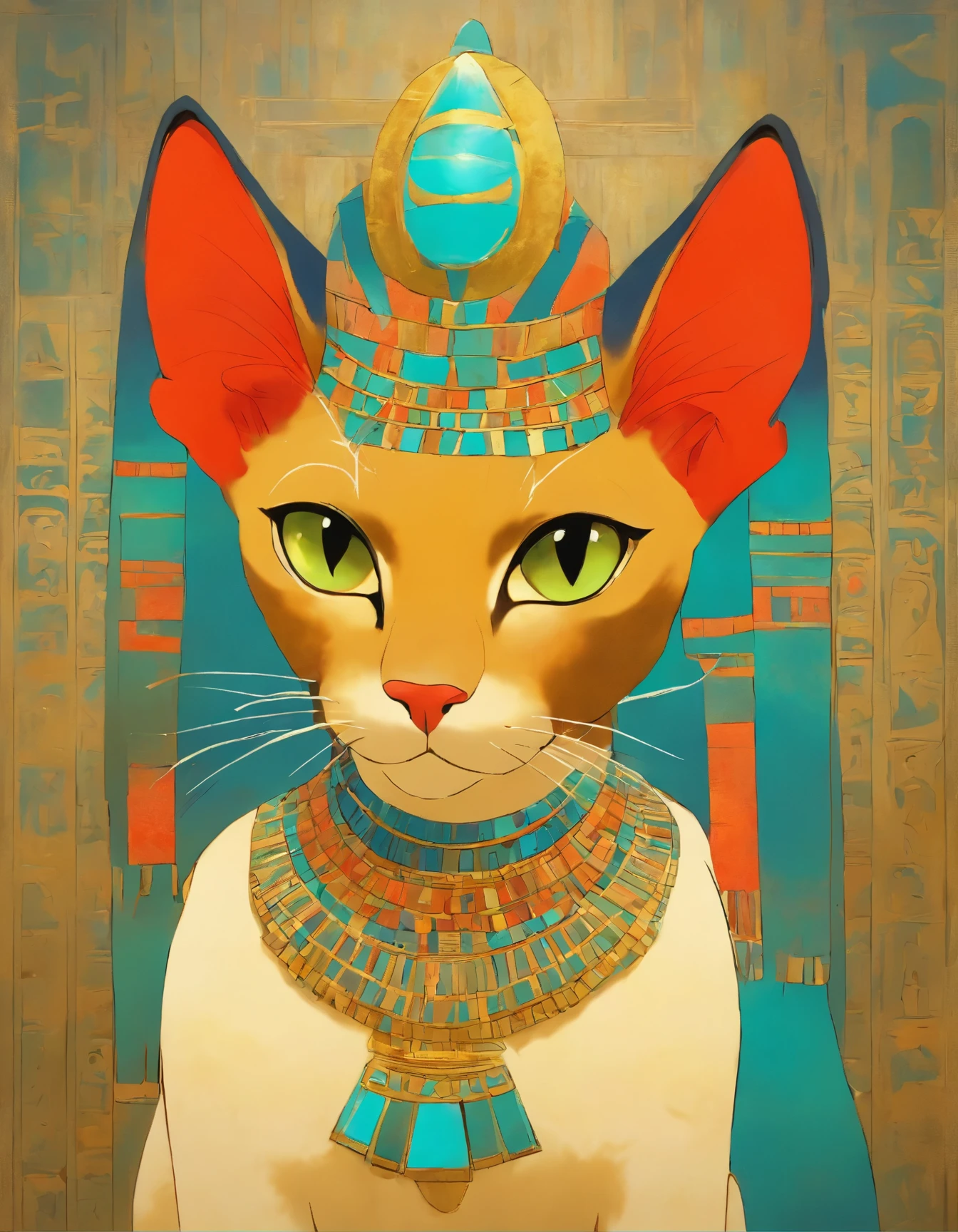 painting of a cat with a crown on its head, egyptian art by Jean Hey, flickr, furry art, egyptian cat goddess, bastet, by rainer hosch, egyptian, ancient egypt art, ancient egyptian art, in a painting of a cat, detailed painting“, egyptian style, ancient egyptian, beautiful painting of a tall, ancient egypt painting