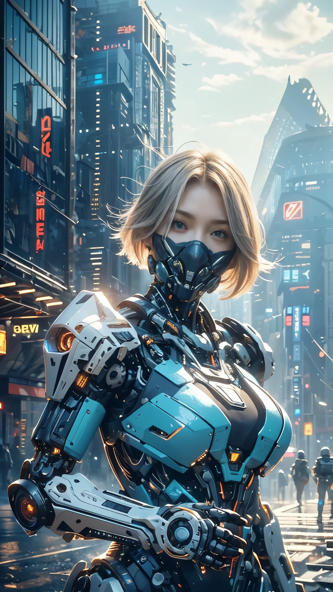 Super realistic, hyper realistic, super detailed, (super cyborg  girl, beautiful face, sharp looks, mesmerizing blue eyes, short hair, platinum blond hair, full body armor, clothing cutout, huge breast, foggy background, desert, depth of field, science fiction, (mechanical (mouth mask)), red and blue cyborg, intricate detailed mechanical humanoid, cyberpunk),  (her hand hold electrical sword:1.3), (ruin of building background:1.25),  masterpiece, best quality, wide-angle Hyperdetailed, masterpiece, best quality, 8k, natural lighting, soft lighting, sunlight, HDR (High Dynamic Range), Maximum Clarity And Sharpness, high contrast, photon mapping, Multi-Layered Textures, facing foward, (seen from forward:1.5)