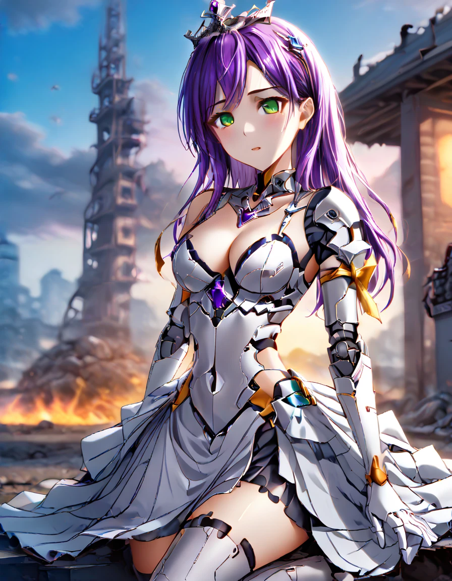 One girl,
Outdoor,
Cowboy Shot,
Twilight,
Break Yoakena, Finafam Earth Light, Green Eyes, Long Hair, Purple Hair, Android, Cyborg Dress, gloves,Crown, jewelry, Cleavage, Princess,elbow gloves,tiara,brooch,white gloves,
Breaking the masterpiece, highest quality, Fallen into evil, Black Fall