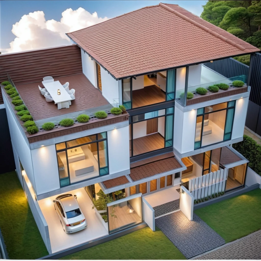 Raw photo,Masterpiece, high quality, best quality, authentic, super detail, exterior, outdoors, house style modern on the street,pavement, grass, trees, sky, cloud, (day:1.1), ((MIX WHITE AND Chocolate style color : 1.3)); (((CHOCOLATE COLOR STYLE ROOF TILES : 1.7))) , japanese roof style