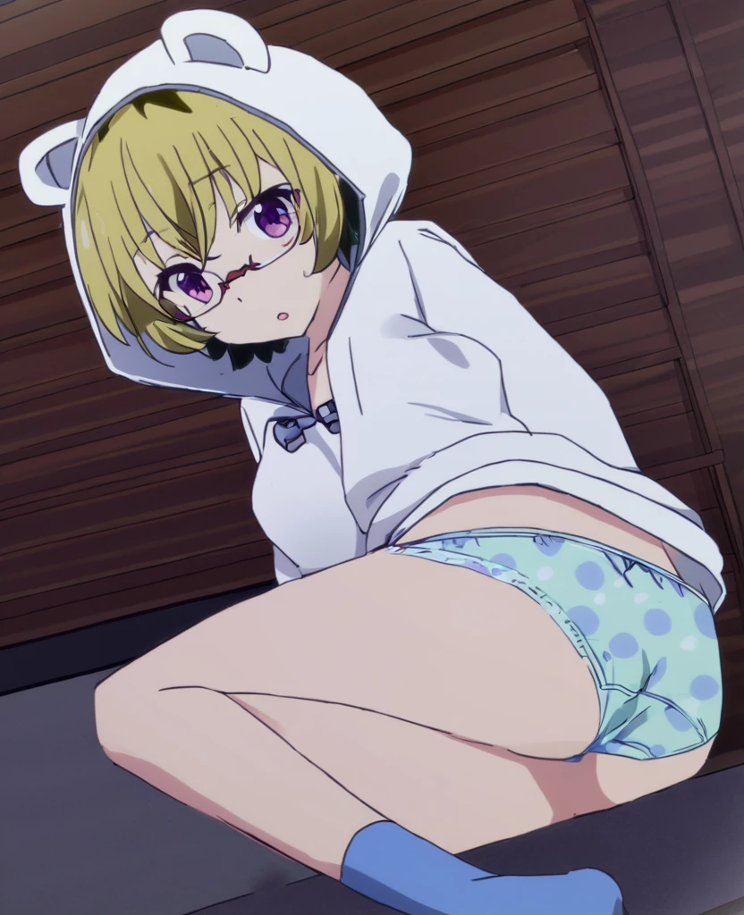 1 girl, solo, Ito, hood with animal ears, white hoodie, blonde hair, glasses, multicolored hair, blue polka dot panties, purple eyes, short hair, skirt, socks, 