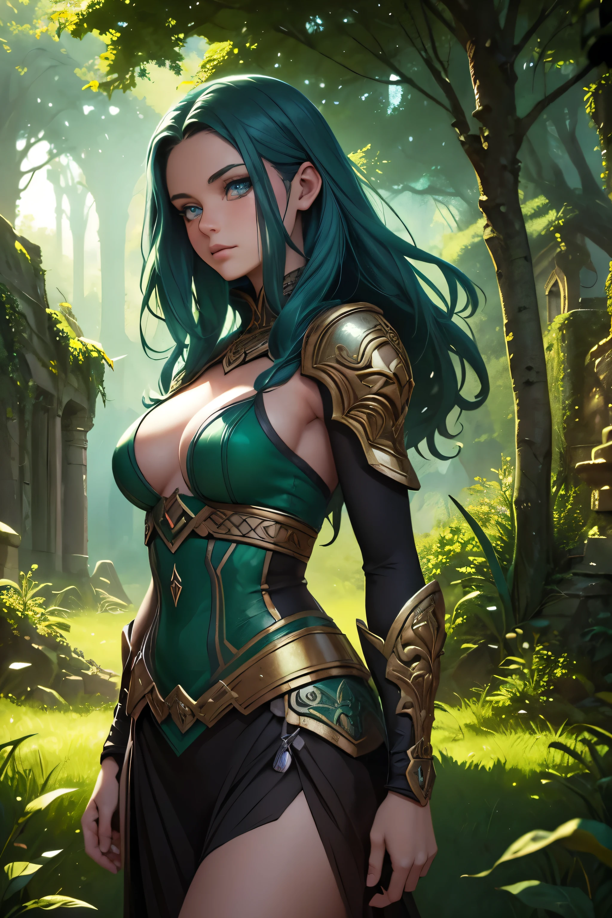 a fantasy landscape, ancient ruins, lush forests, rolling hills, mystical atmosphere, beautiful detailed eyes, beautiful detailed lips, extremely detailed face, long eyelashes, young female protagonist, adventurous pose, sword and shield, warm lighting, cinematic composition, vibrant colors, digital painting, concept art style