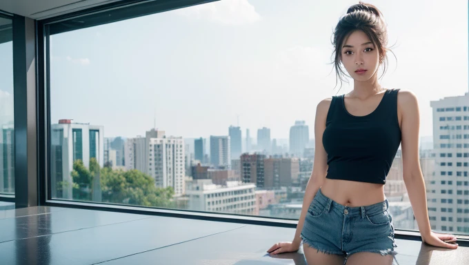 (Wallpaper 8k), Close-up of Asian woman standing in front of window, (tall building scenery), cute girl, (one person), Slim figure, (thin), white skin, High surface detail, (blue tank top : 1.1), Crop shirt, navel, shorts