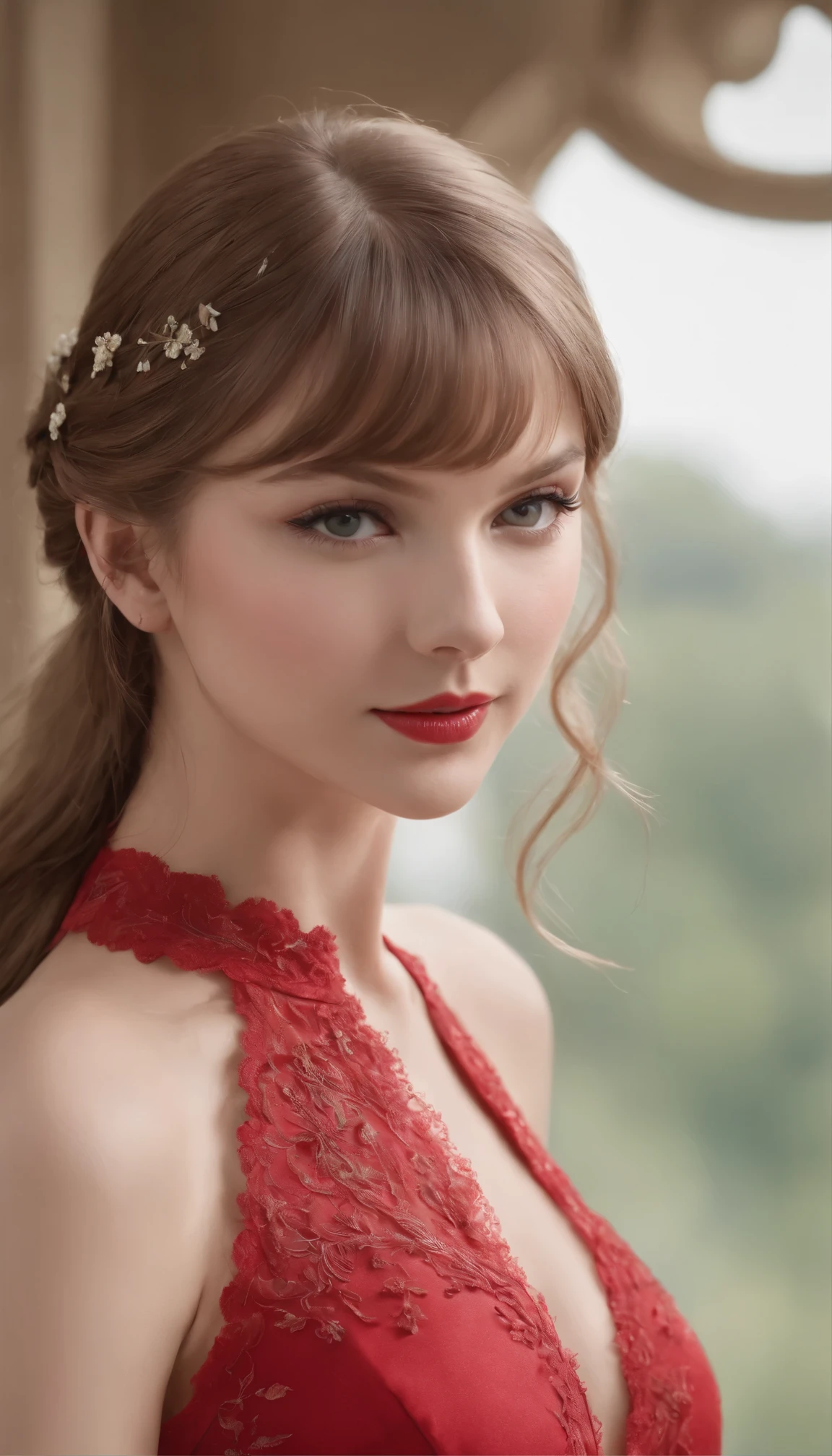 (masterpiece:1.2)、(highest quality:1.2)、(Ultra HDTV:1.2)、Cinematography Light、Taylor Swift in high definition，8K resolution、Detailed facial features、Highly detailed face and skin texture、Realistic and intricate skin details、Expressive eyes、Perfectly shaped eyebrows、Eyeliner to accentuate the eyes、Rosy Cheeks、Glossy Lips、(smile:1.4)、(View the viewer:1.2)、A red dress decorated with delicate embroidery、A capelet that complements the dress、 