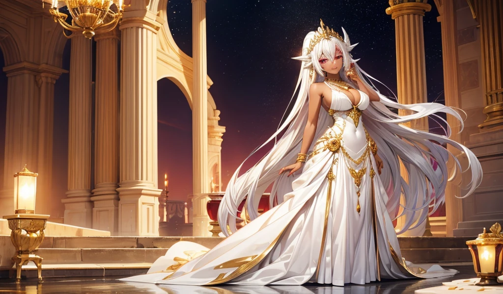 beautiful woman,with silver hair, red eyes and dark skin,White evening dress,gold tiara gold necklace gold jewelry,,cleavage,Thong,Transparent long skirt,,White Rose,desert,river,