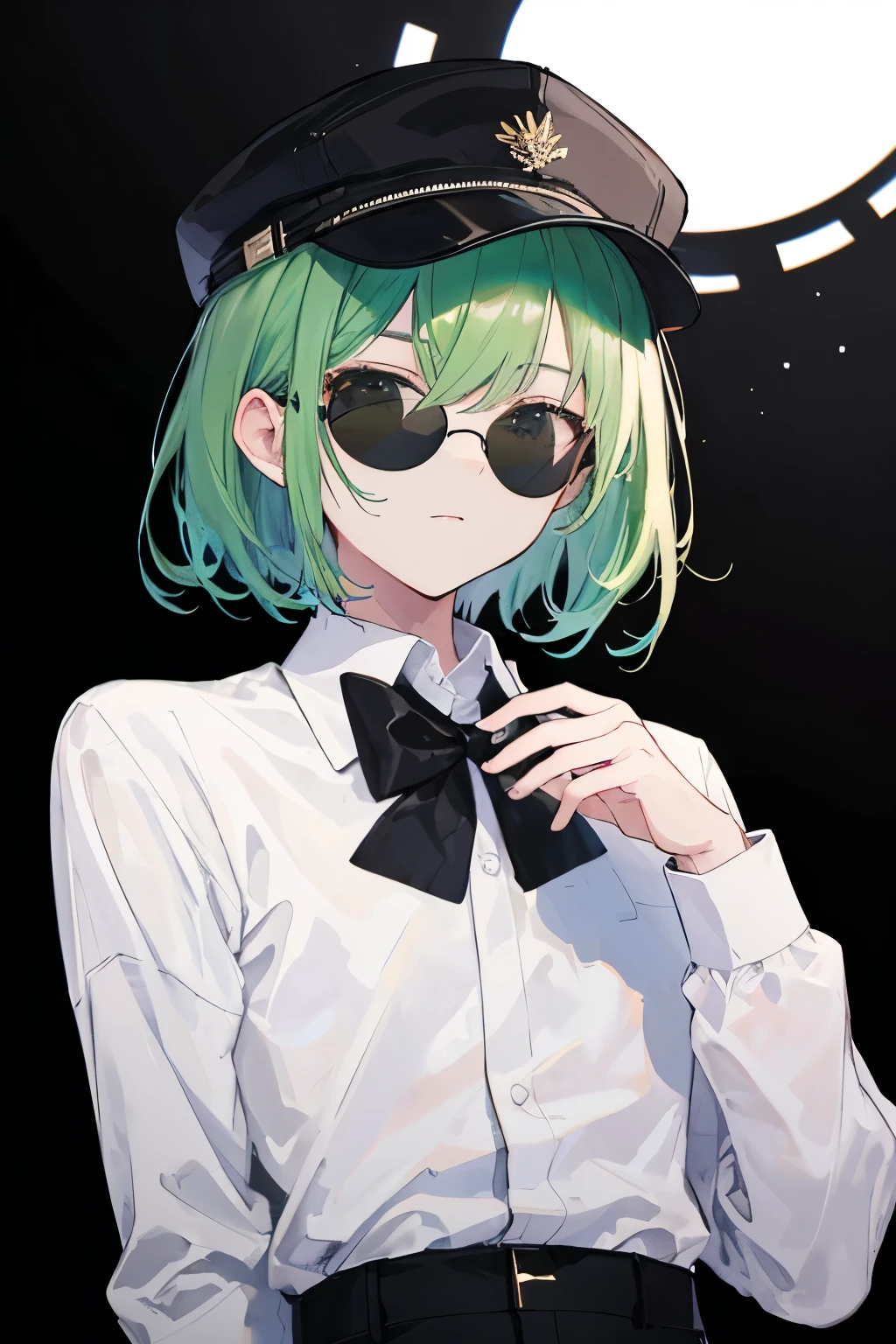 ((highest quality)), ((masterpiece)), (detailed), Perfect Face,Green Hair,Black sunglasses,Newsboy cap,A sloppy white shirt,Black long sleeve trousers,male,Black Background,Black bow tie,Slender,Short Hair