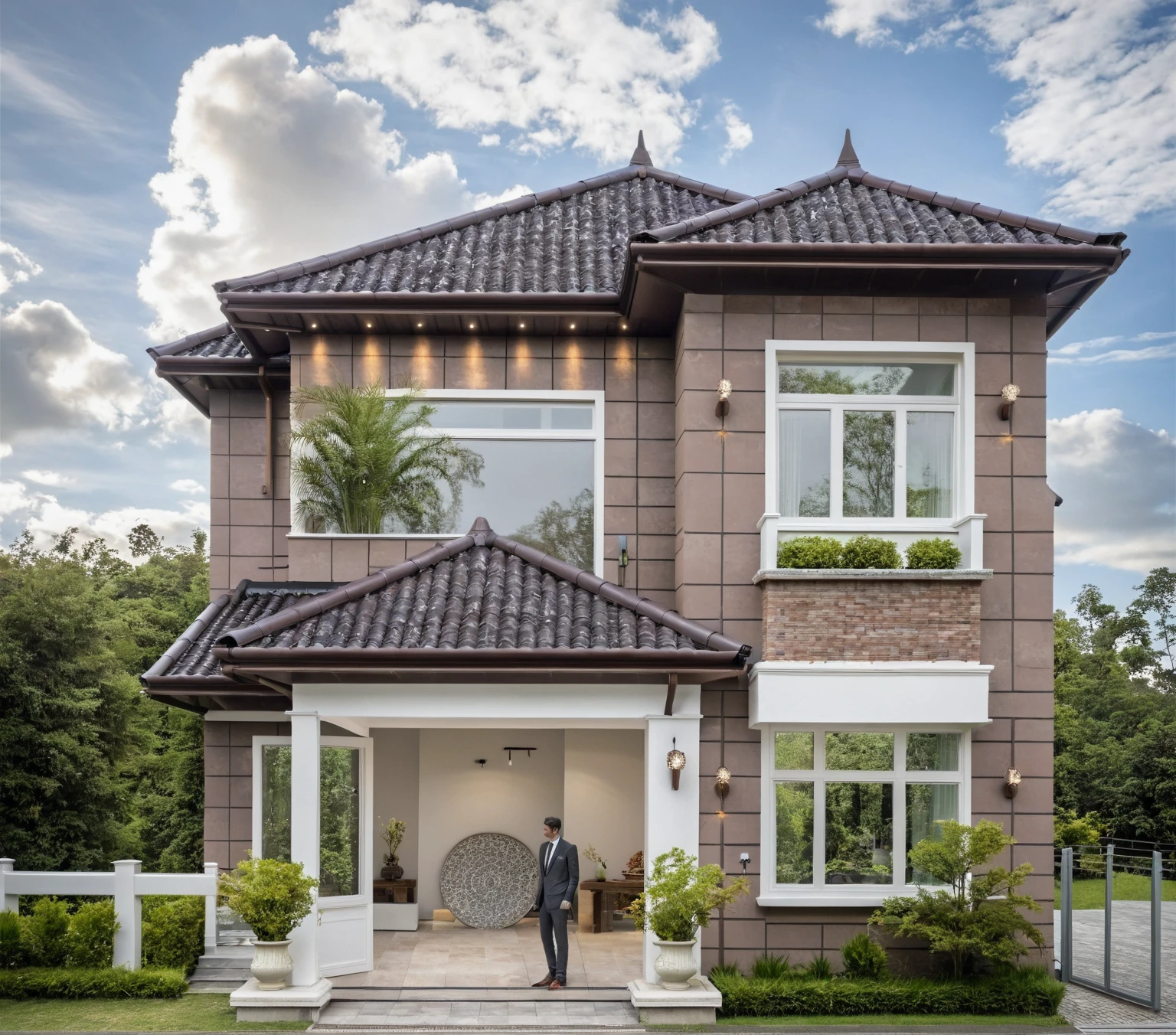 Raw photo,Masterpiece, high quality, best quality, authentic, super detail, exterior, outdoors, house style modern on the street,pavement, grass, trees, sky, cloud, (day:1.1), ((MIX WHITE AND Chocolate style color : 1.3)); (((CHOCOLATE COLOR STYLE ROOF TILES : 1.7))) , japanese roof style