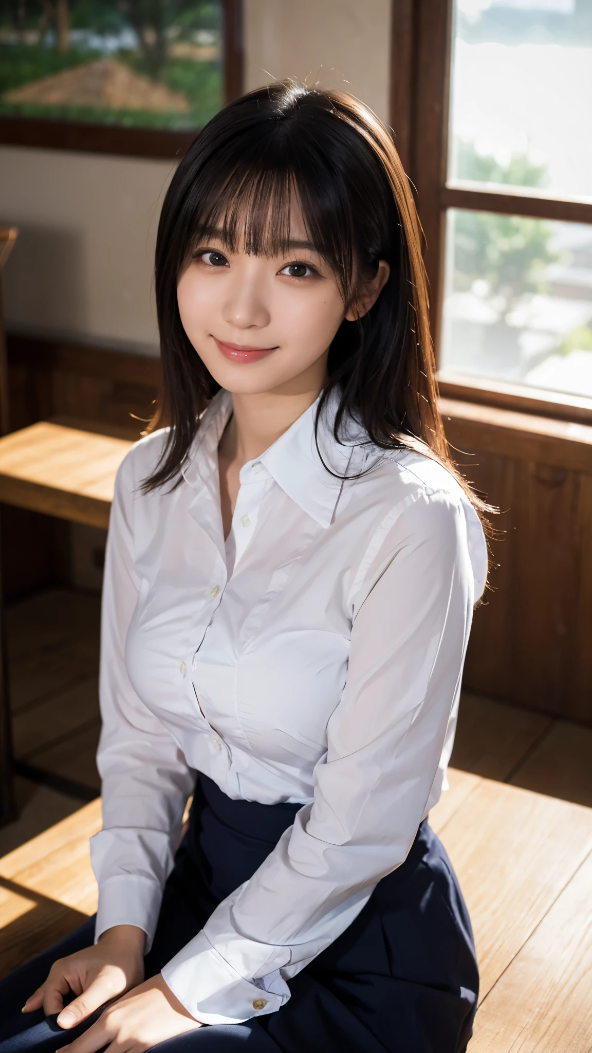 (highest quality,masterpiece:1.3,Ultra-high resolution),(Super detailed,Caustics,8k), (Photorealistic:1.4, RAW shooting),dusk,Sunset sky,Dimly lit classroom,Japanese,20-year-old,smile,Black Hair Middle Hair,(White shirt),Big Breasts,Waist up shot,Natural light,(High Position),(High angle)