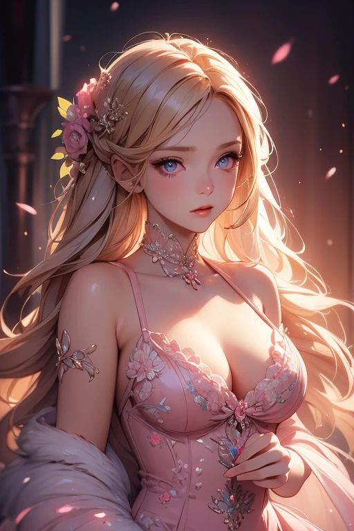 a beautiful girl wearing a long pink prom dress, blonde hair, pink eyes, highly detailed, masterpiece, 4k, ultra-detailed, realistic, HDR, studio lighting, vivid colors, elegant, graceful, enchanting, fantasy, digital art, illustration
