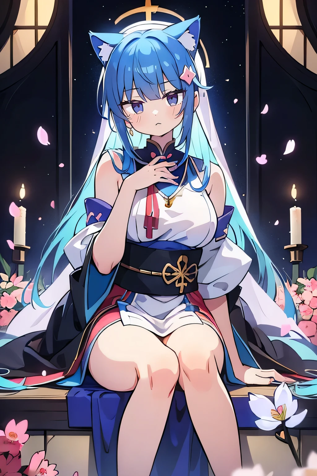 (masterpiece:1.2),Extremely detailed,Practical,expressive eyes,Fair skin,Perfect face shaping,1 Girl,
Japanese cartoons,Gorgeous blue hair, the long flowing blue hair,Floating clothes,Cat ears,Petals fall,beautiful lola,Young Angel,
Place your hands on your waist,sit elegantly on the ground,Cross your legs,Gentle and peaceful background,church,Nun&#39;s Clothes,back view,lie on the water. 