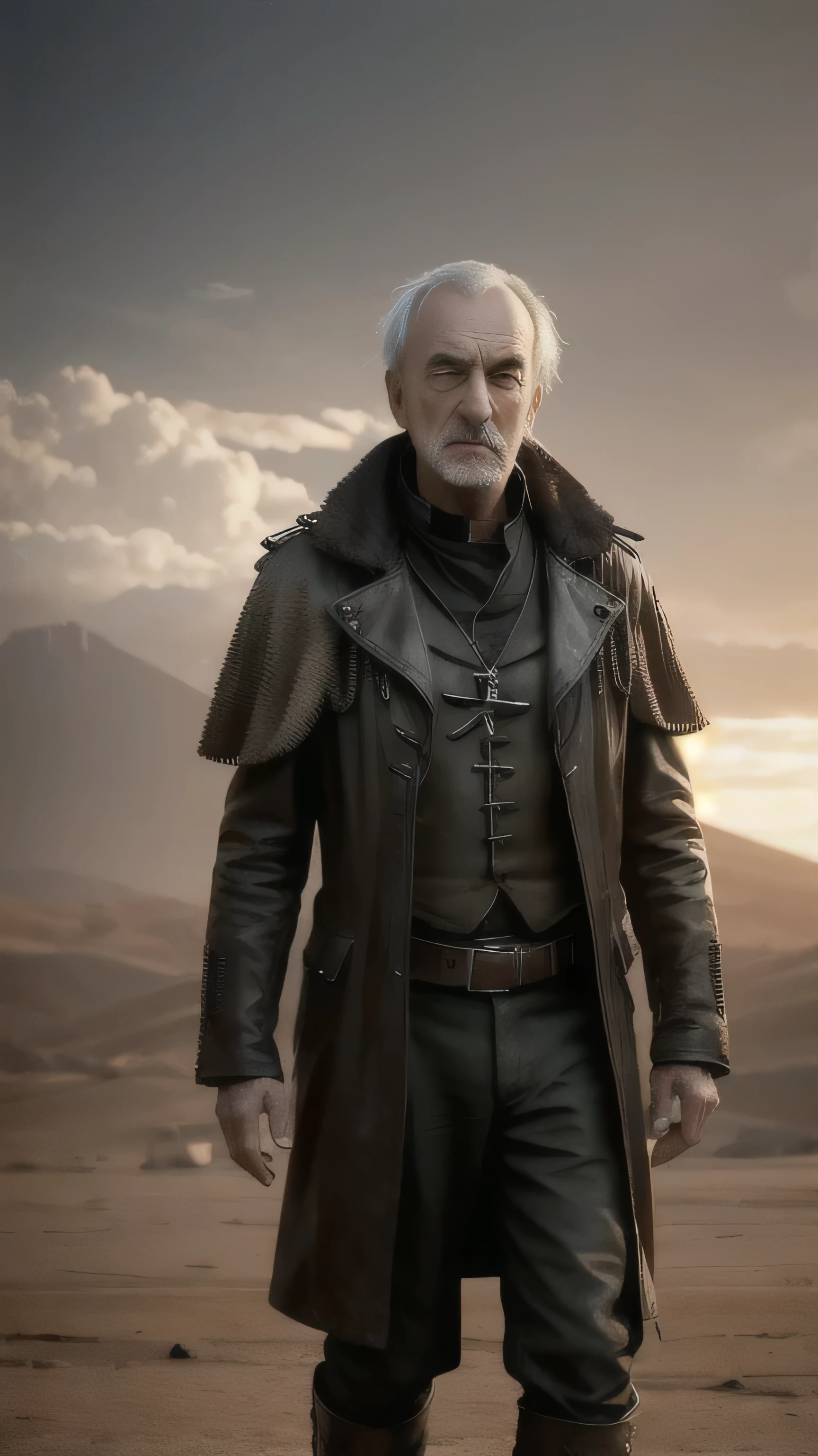dieselpunkai, (Jonathan Pryce) as The High Sparrow, a dieselpunk priest, grey dieselpunk torn tunic, standing, in the dieselpunk desert, (1man), (solo), (full body view), beautiful detailed glow, detailed, cinematic light, intricate detail, realistic, highres, detailed facial features, high detail, sharp focus, smooth, aesthetic, extremely detailed, stamp, octane render