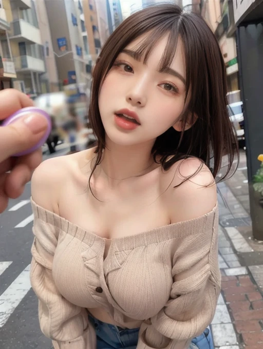 masterpiece, remote_play, remote_shake, Open your mouth, Half open your eyes, Off-the-shoulder tight clothing, Exposed large breasts, Expressions of ecstasy