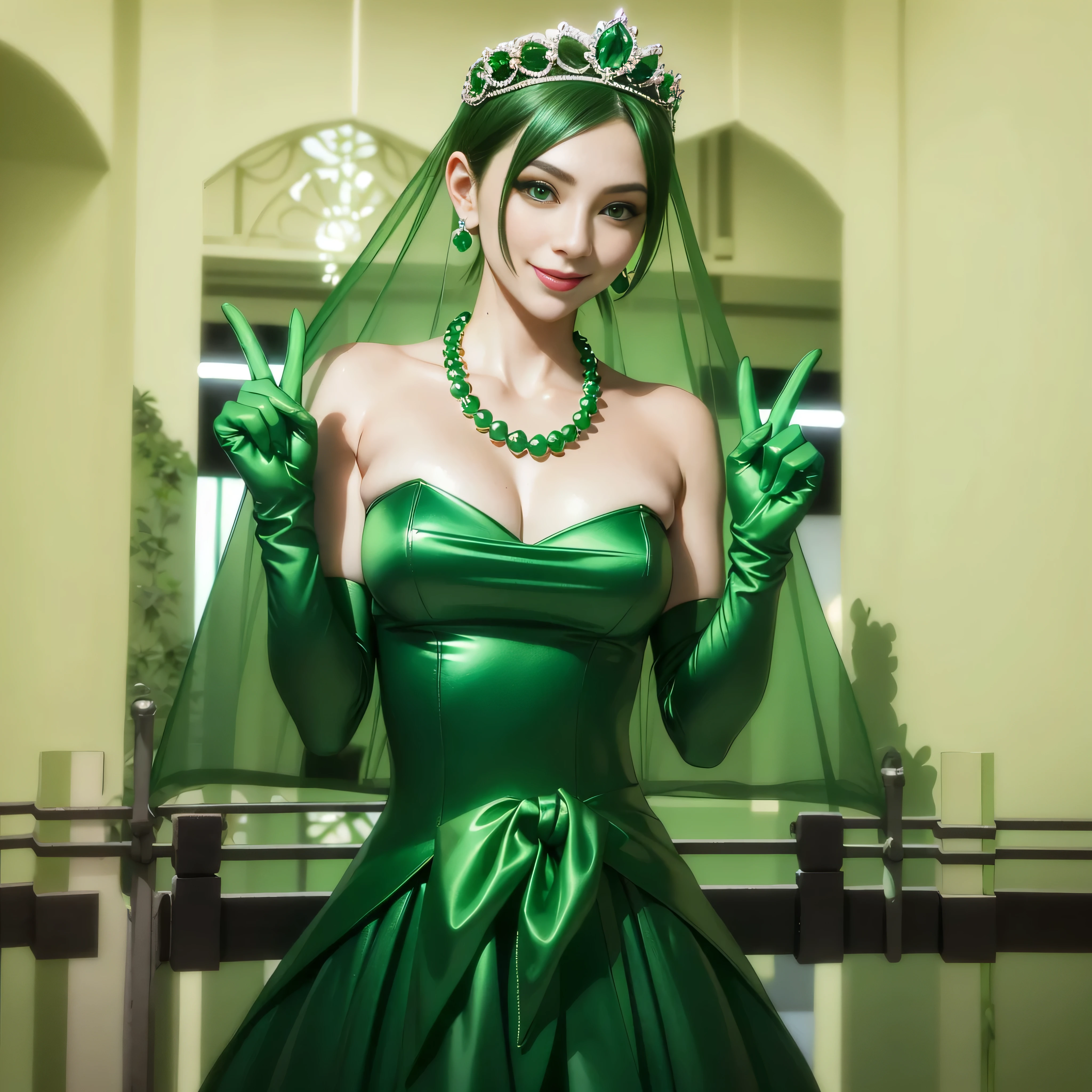 Emerald tiara, Green Pearl Necklace, Boyish very short green hair, lipstick, Smiling Japanese woman, Very short hair, Big and beautiful, Green Eyes, Long green satin gloves, Green Eyes, V sign, Emerald Earrings, Green veil, peace sign, 30-year-old female, Bride in her 30s