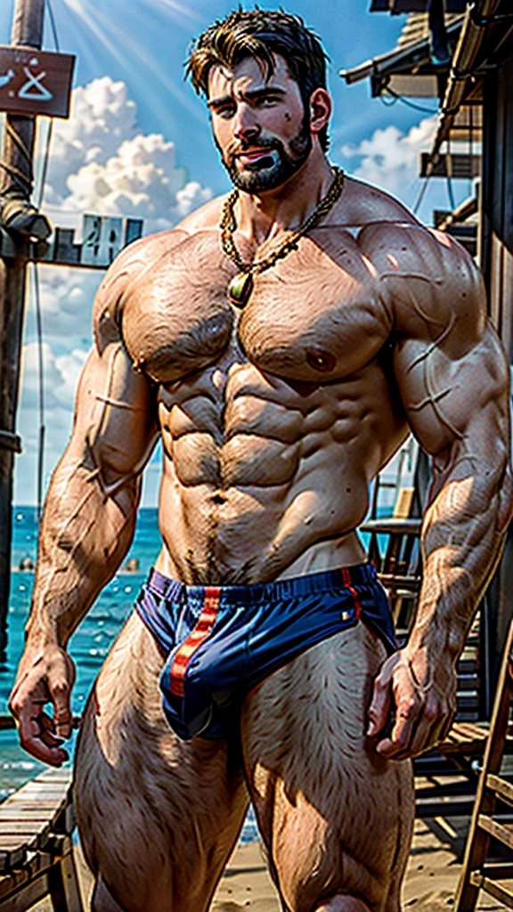 Chris Evans, shirtless, beach , muscular giant, 3 meters tall bodybuilder, flexing, massive biceps, oversized biceps are 240 inches, with long oversized arms, bulging muscles, prominent veins, broad shoulders, beefy build, hefty, muscle swelling, very hot male, beefy pecs, hairy , six-pack ABS, hairy abdomen, hairy groin, small gold necklace, shy smile, hyper realistic style, , ultra hd, realistic, vivid colors, highly detailed, UHD drawing, pen and ink, perfect composition, beautiful detailed intricate insanely detailed octane render trending on artstation, 8k artistic photography, photorealistic concept art, soft natural volumetric cinematic perfect light.