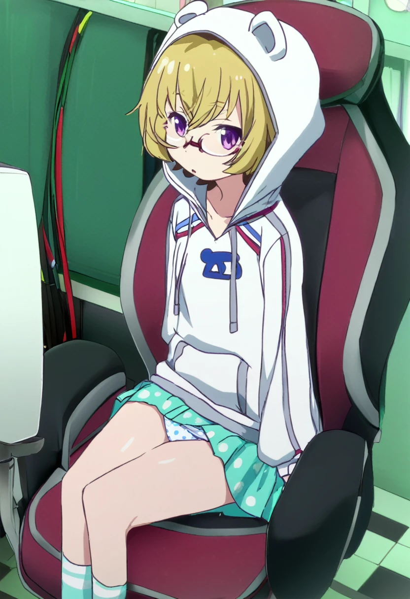1 girl, solo, Ito, hood with animal ears, white hoodie, blonde hair, glasses, multicolored hair, blue polka dot panties, purple eyes, short hair, aqua skirt, socks, sitting on gamer chair,