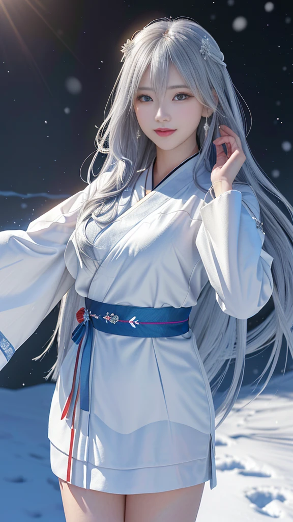 ((Logo, masterpiece, 8K, On the table, RAW photos, wonderful, 最high quality, Photorealistic and hVery detailed CG integrated 8K wallpaper, high quality, Very detailed, narrative poem, Particle Effects, dynamic effect, Writing border depth, light, lens flare, Ray tracing, Anatomically accurate)), fantasy, 1 Beautiful woman, Silver Hair, Clear eyes, long hair, Pretty Face, serious, 緻密でbeautiful eyes, Beautiful skin, ((Dancing woman, 優雅にDancing woman, Snow Sceneの中でDancing woman, 激しくDancing woman)), ((long hairがWindでなびく, long hairが跳ねる, long hairがWindで踊る)), hair jump, Jewelry, beautiful eyes, White Kimono, White band, White cherry blossom embroidery pattern, Silver earrings, Wind, Snow Mountainの中で, Snow Scene, Snow Mountain, Snow Makeup, 雪とFrost, Snow Mountainや森, Frost, Snow Mountain々, Frost树的美丽与光辉, The tranquility and beauty of the snowy world