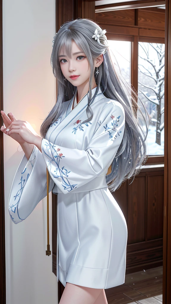 ((Logo, masterpiece, 8K, On the table, RAW photos, wonderful, 最high quality, Photorealistic and hVery detailed CG integrated 8K wallpaper, high quality, Very detailed, narrative poem, Particle Effects, dynamic effect, Writing border depth, light, lens flare, Ray tracing, Anatomically accurate)), fantasy, 1 Beautiful woman, Silver Hair, Clear eyes, long hair, Pretty Face, serious, 緻密でbeautiful eyes, Beautiful skin, ((Dancing woman, 優雅にDancing woman,  Snow Sceneの中でDancing woman, 激しくDancing woman)), ((long hairがWindでなびく, long hairが跳ねる, long hairがWindで踊る)), hair jump, Jewelry, beautiful eyes, White Kimono, White band, White cherry blossom embroidery pattern, Silver earrings, Wind, Snow Mountainの中で, Snow Scene, Snow Mountain, Snow Makeup, 雪とFrost, Snow Mountainや森, Frost, Snow Mountain々, Frost树的美丽与光辉, The tranquility and beauty of the snowy world