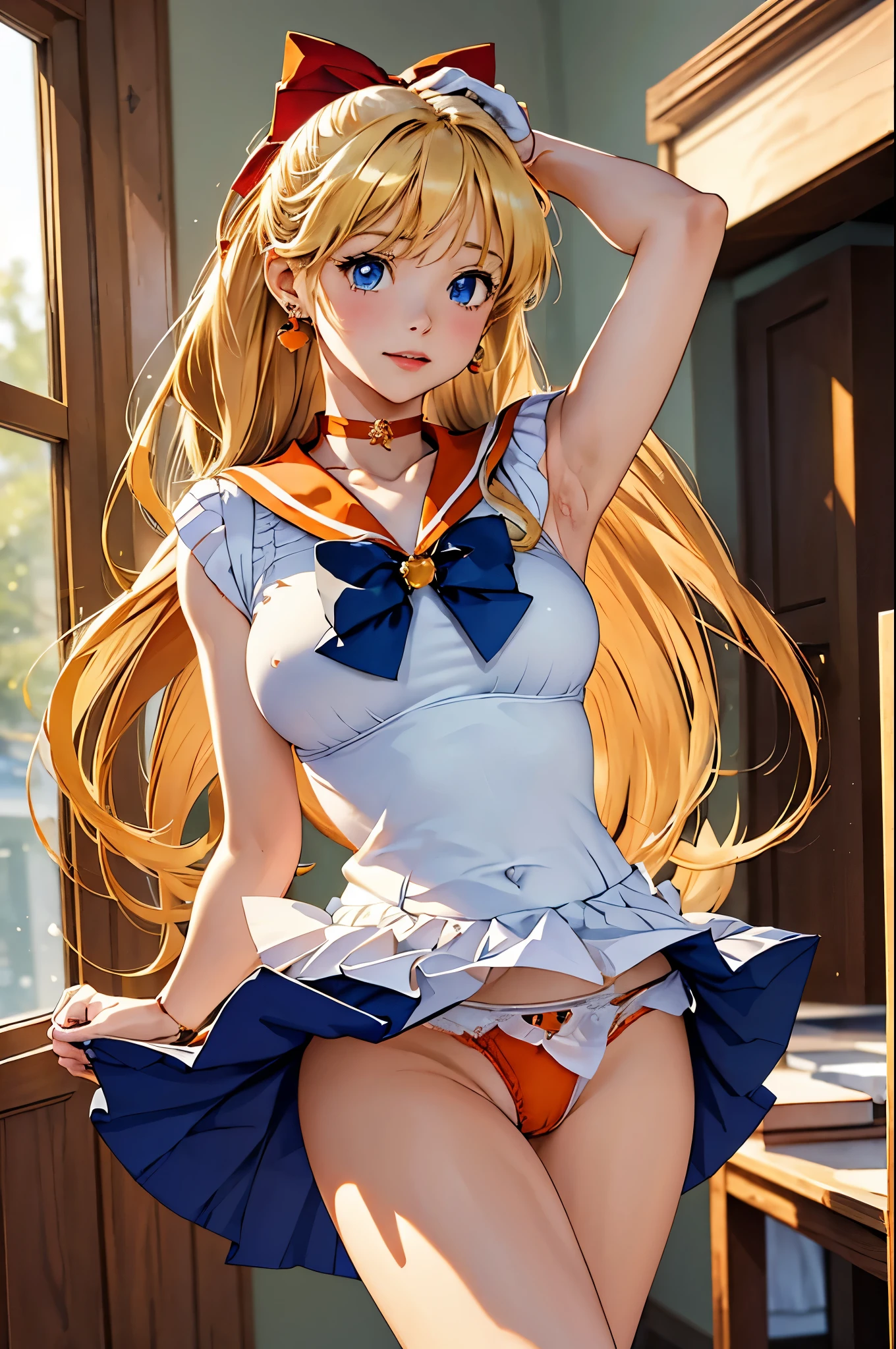 masterpiece, highest quality, High resolution, Realistic, Show more1, Venus 1, One girl, alone, Sailor Warrior Uniform, Sailor Venus, aino minako, Blonde Hair, Magical girl, blue eyes, Orange Skirt, Elbow hand pockets, tiara, Pleated skirt, Hair Ribbon, Orange sailor collar, mini skirt, choker, Red Bow, orange choker, White gloves, Very long hair,  jewelry,  Earrings, Are standing,Arms above head, Angle from below, ((Showing panties:1.3))
