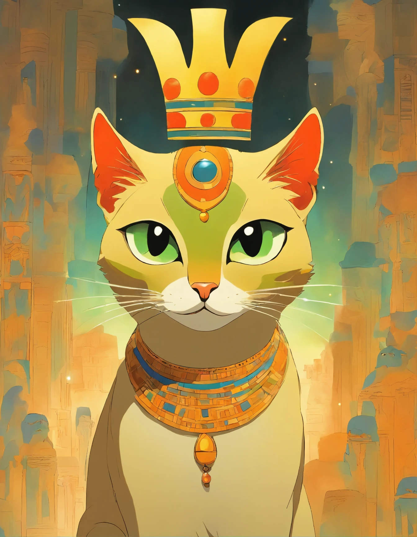 painting of a cat with a crown on its head, egyptian cat goddess, bastet, by Jean Hey, by Caroline Lucy Scott, egyptian art, by Betty Merken, by Ann Thetis Blacker, by rainer hosch, by Mario Dubsky, by Diane Dillon, by Jan Cox, by Charles Ginner, by Stan Stokes, egyptian