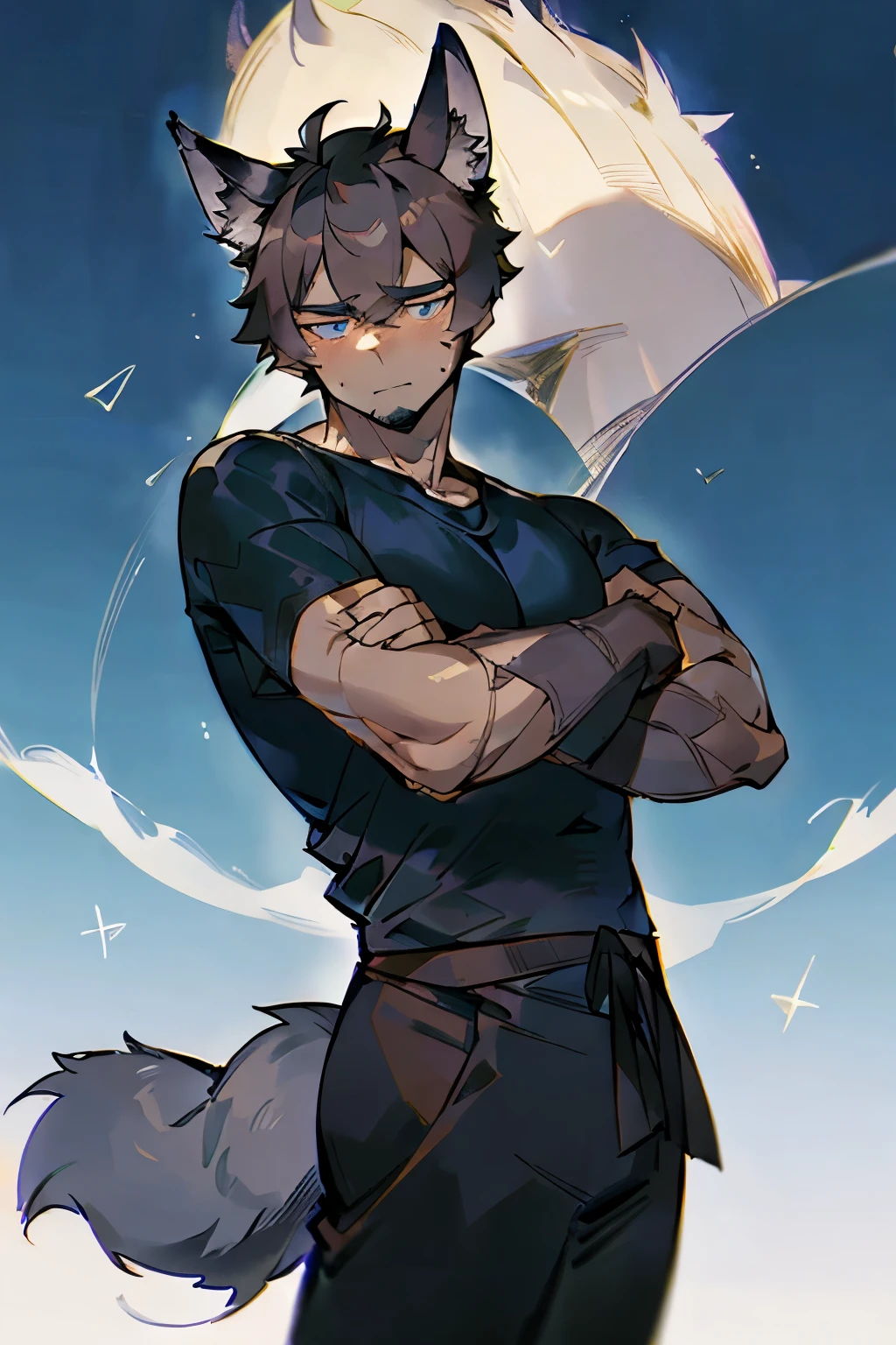 mature,chiseled chin,rugged face,half body,Anime character with black hair and shirt standing, Wolf ears,Wolf Tail,tail,demihuman,demiwolf,kemonomimi,light stubble, Anime handsome man, Anime portrait of a handsome man,mature,blue eyes,tired,short hair,bara,bored expression,expressionless,