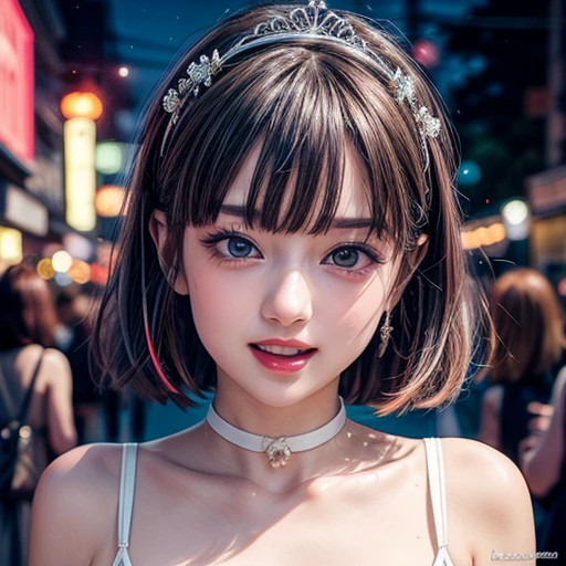 masterpiece of professional Analog photo, realistic and photorealistic with touch of rawness, (a close-up portrait of a tiny princess wearing white thongs on a city street), Dusk Sky with afterglow, intricate lighting effects with light particles, (many colorful lights dazzling bokeh), Traffic lights, crowd of tiny girls enjoying summer festival, { Childish | Gigantic Cleavage }, (((NOGIZAKA))) Extremely Detailed very KAWAII face variation, perfect anatomy, captivating gaze, elaborate detailed Eyes with (sparkling highlights:1.2), long eyelashes、Glossy RED Lips with beautiful details, Coquettish tongue, Rosy cheeks . (Dynamic joyful expressions), { pleasure in agony | Ecstasy | :D | screaming | Perplexed }, Mystic sight . hair and eye color is same color, { Red leather high collar | Red ribbon }, from diagonally angle. short bob, Tiny princess tiara .