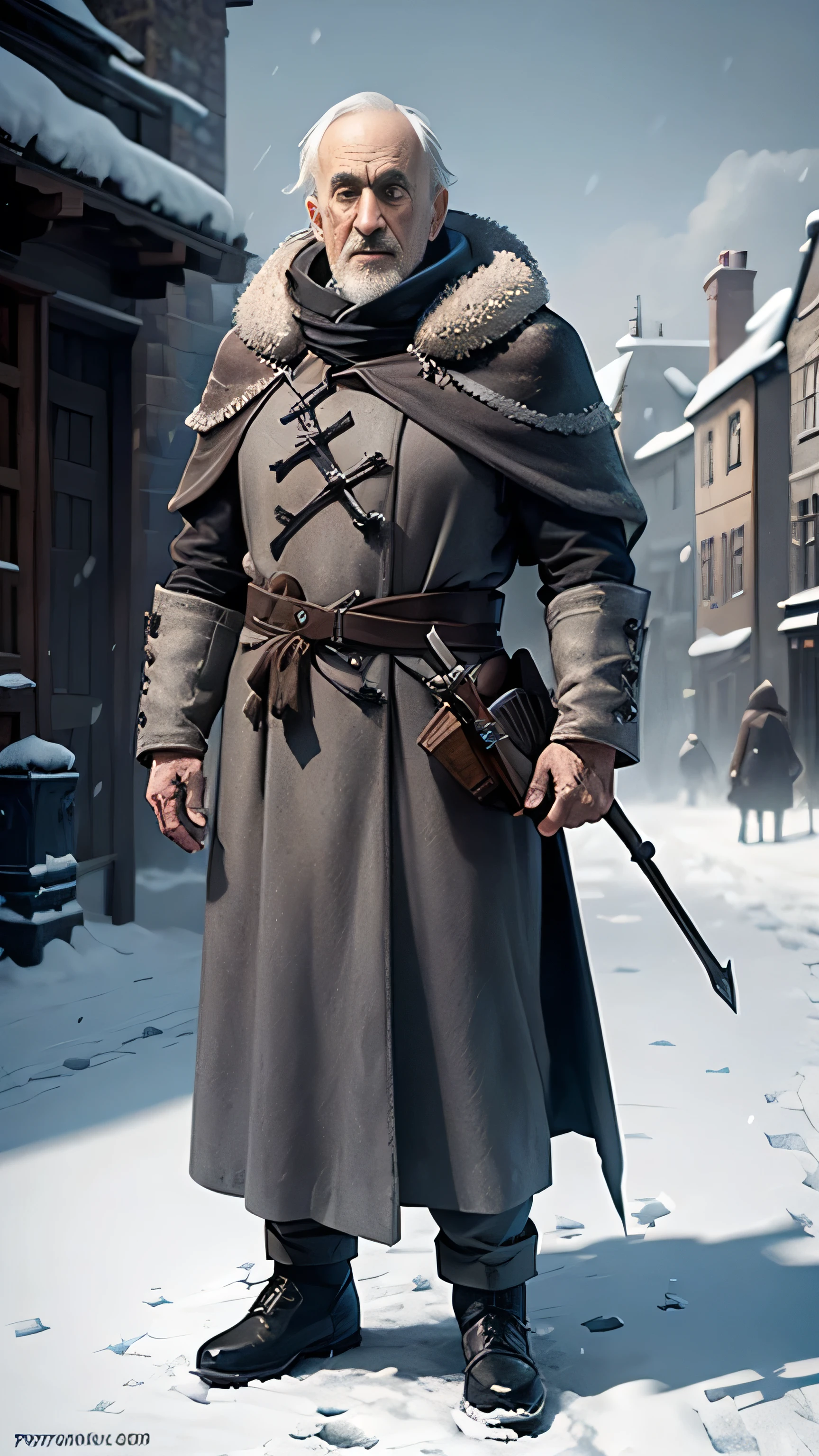 frostpunk, (Jonathan Pryce) as The High Sparrow, a priest, grey fur luxuty coat, standing, in a medival city, cold, winter, snow, (1man), (solo), (full body view), beautiful detailed glow, detailed, cinematic light, intricate detail, realistic, highres, detailed facial features, high detail, sharp focus, smooth, aesthetic, extremely detailed, stamp, octane render