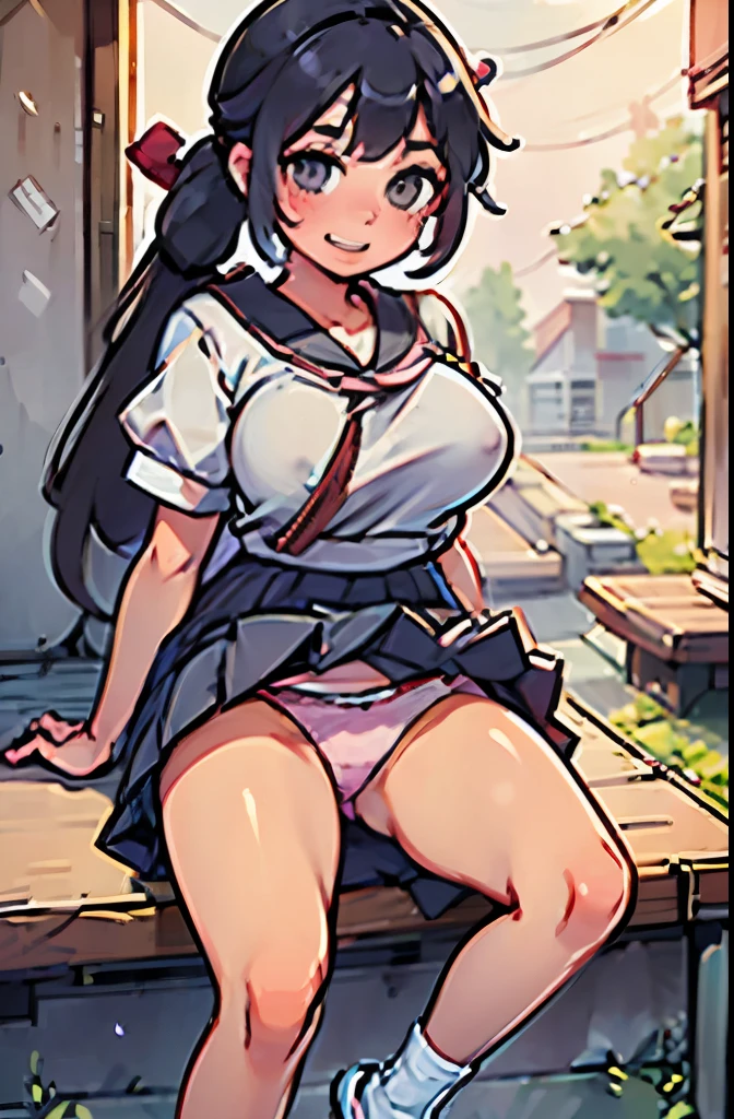 Japanese High ,Wear a short pleated skirt 、Silk panties sticking out、Panty Shot、Focus on panties、Soft skin、ponytail, Japanese Girls, 8K, Huge breasts,Full Body Shot、 highest quality, masterpiece, Realistic, Photorealistic Super Detail, One Girl, cute, Best Smile, Beautiful Eyes, Long Hair, Perfect Face,Full Body Shot