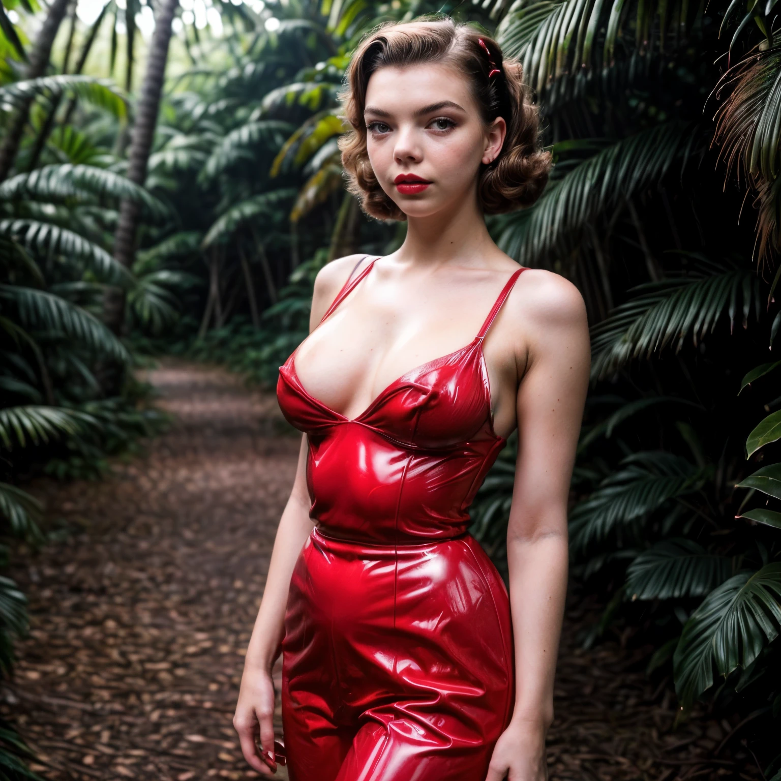 (best quality:10k, high res, masterpiece:1.2), ultra-detailed, (photo-realistic:1.37), ((best quality)), ((masterpiece)), (detailed), ((NSFW)), ((full body)), ((Anya Taylor Joy)), ((full 1950s makeup)), ((perfect teeth)), ((bright red high gloss lips)), ((full body)), ((standing in a tropical wilderness)) ((dramatic eerie lighting)), ((short 1950s pin-up girl hairstyle held in place with Bobbie-pins)), ((high gloss well oiled shiny sweaty skin)), ((realistic natural looking breasts)), ((ultra pert hard super long nipples)), ((ultra-high quality photorealism)), ((NSFW)), ((1950s hairstyle and full 1950s makeup)) ((ultra-long eyelashes)),