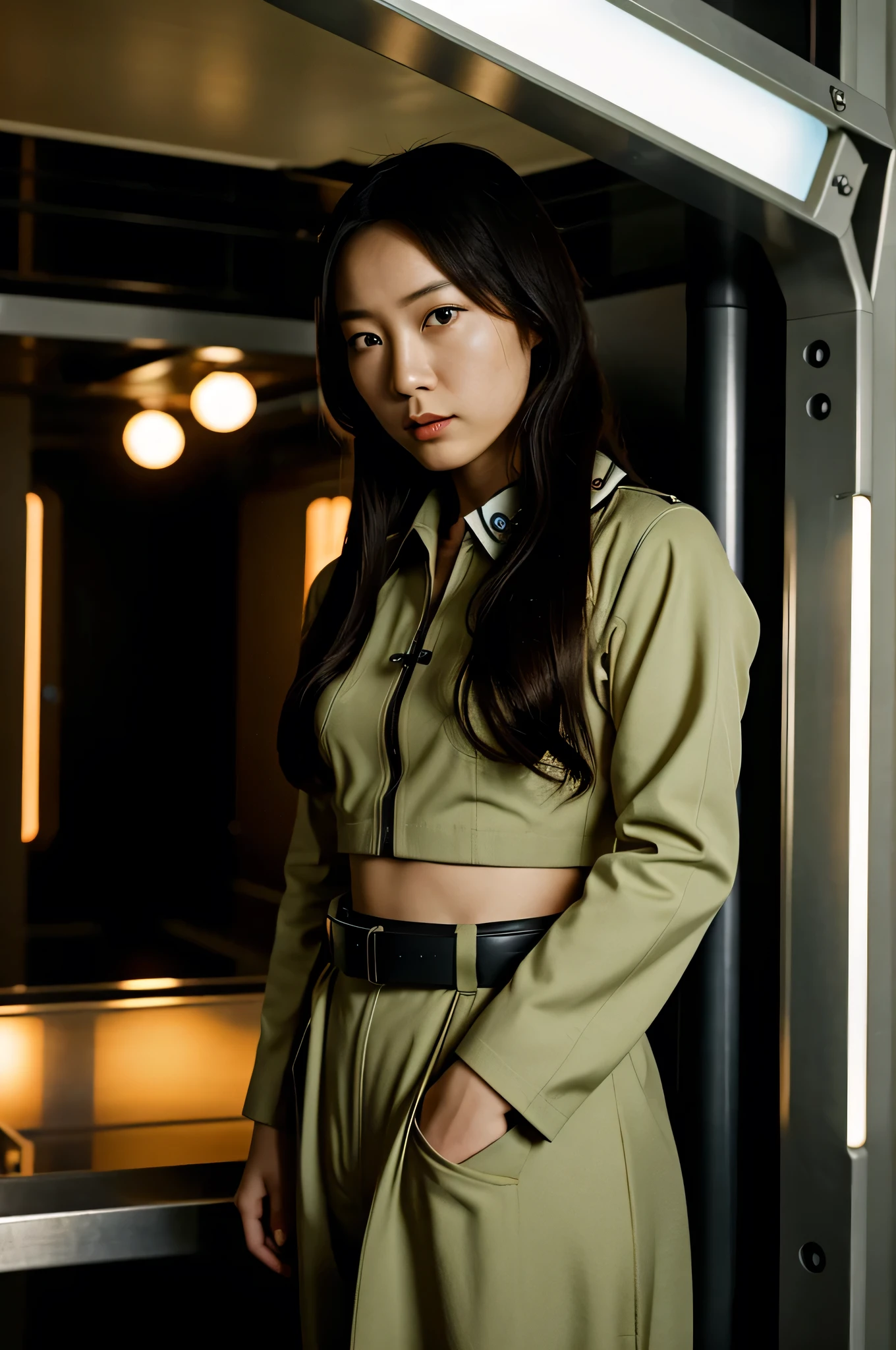 Generate image of a Japanese-looking female space colonist wearing a futuristic WWII-style social uniform , [imagem em 8, filme kodak, cinematic style, plano americano, realista