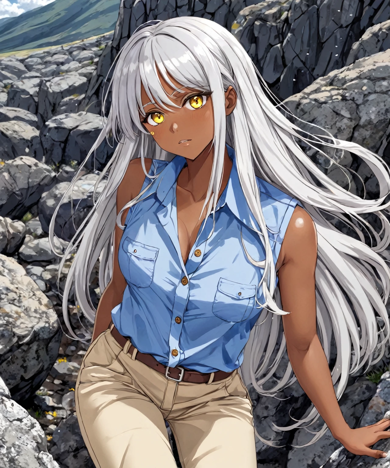 Brown skin beautiful sexy anime girl with long silver hair & yellow eyes, wearing blue sleeveless button up collared shirt & beige khaki pants, lost in a rocky landscape with cloudy skies, 1girl