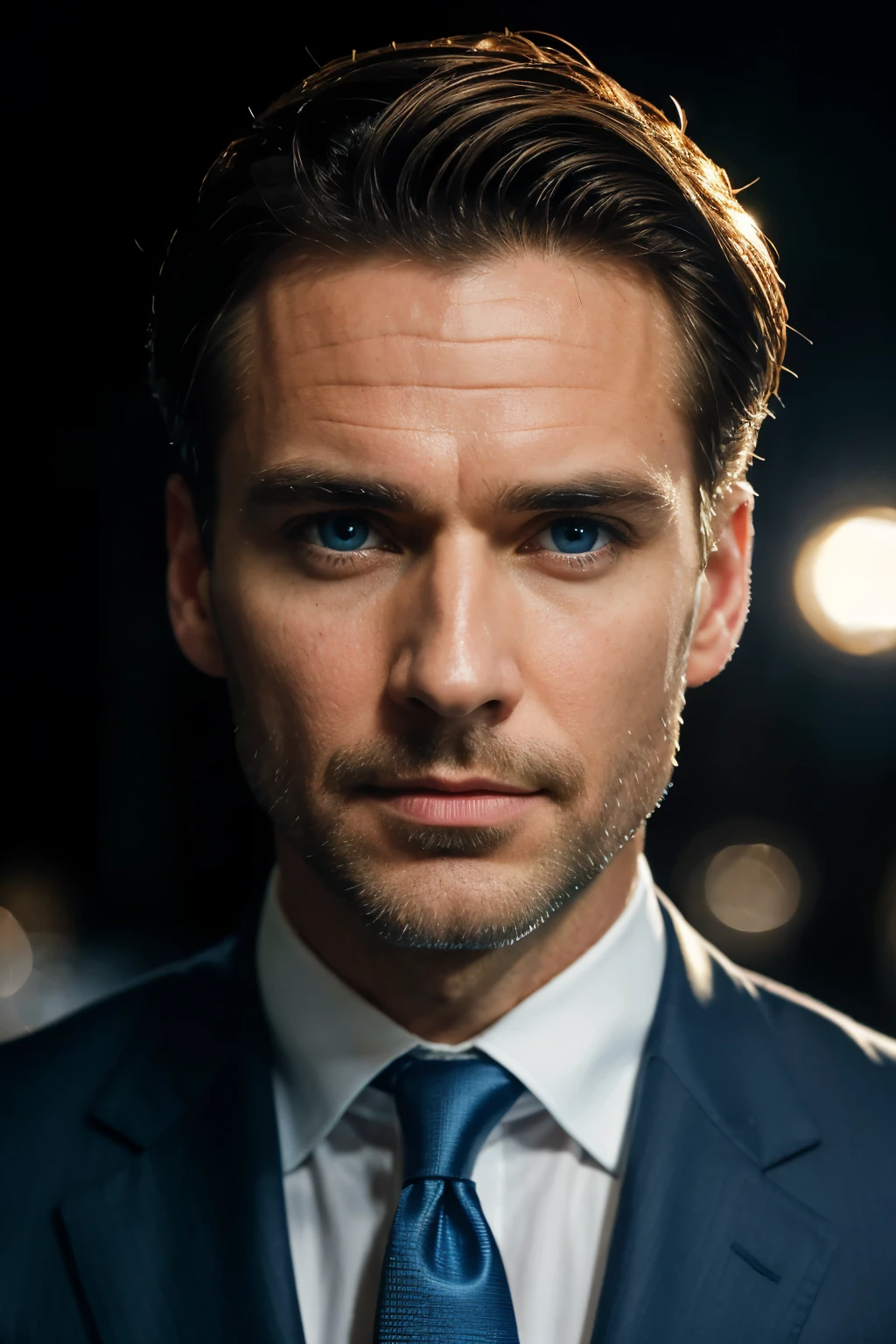 (Best quality, Ultra-detailed, Golden ratio, Masterpiece: 1.2), Nighttime scene, dramatic lighting, Photo of a man, dressed in a sleek and professional news anchorman suit. A mature, distinguished man, aged 45, with a ruggedly handsome face, sharp features, and a strong jawline. His salt-and-pepper hair is styled in a timeless comb-over, and his piercing blue eyes exude authority. He holds the microphone with conviction, his eyes locked onto the camera lens, delivering the evening news. Dust particles dance in the soft, focused beam of the key light, adding depth and drama to the scene. Film grain,