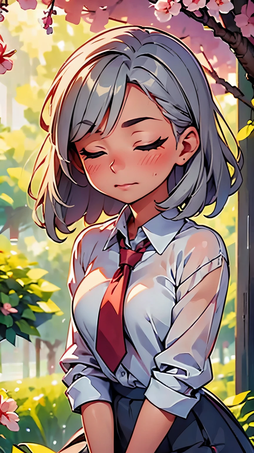 High resolution:grey hair, summer rain, sweet scent, blooming cherry blossom trees in background, warm night, sun rays, mist, vibrant colors, weightless, dreaming, closed eyes.