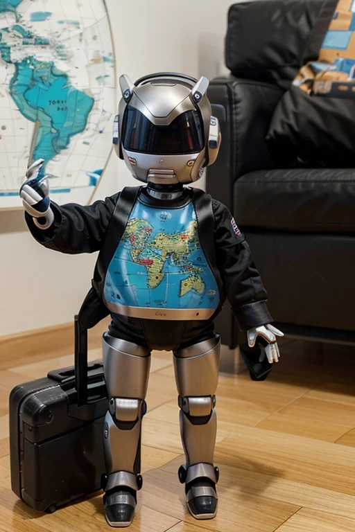 Generate a mini robo for Voyage4U AI as a cute, futuristic robot with travel-themed accessories like a tiny suitcase, a world map, and maybe a camera for capturing memories.It should have a pattern of world map